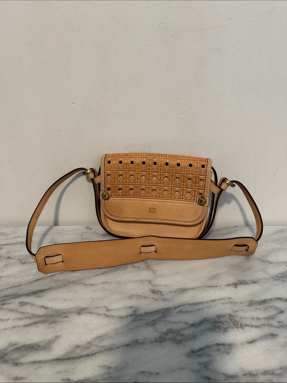 BOX Brand Tan Leather Perforated Belt Bag Crossbody Fanny Pack Geometric Flap